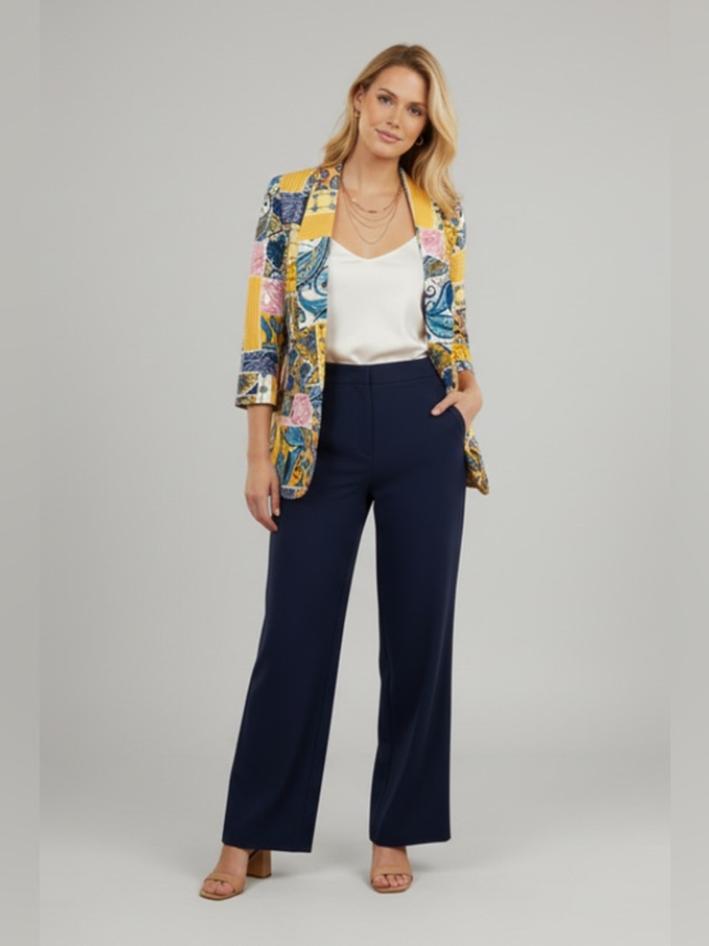 SOLEIL MOSAIC PAISLEY, GEOMETRIC PATTERN 3/4 SLEEVE BLAZER